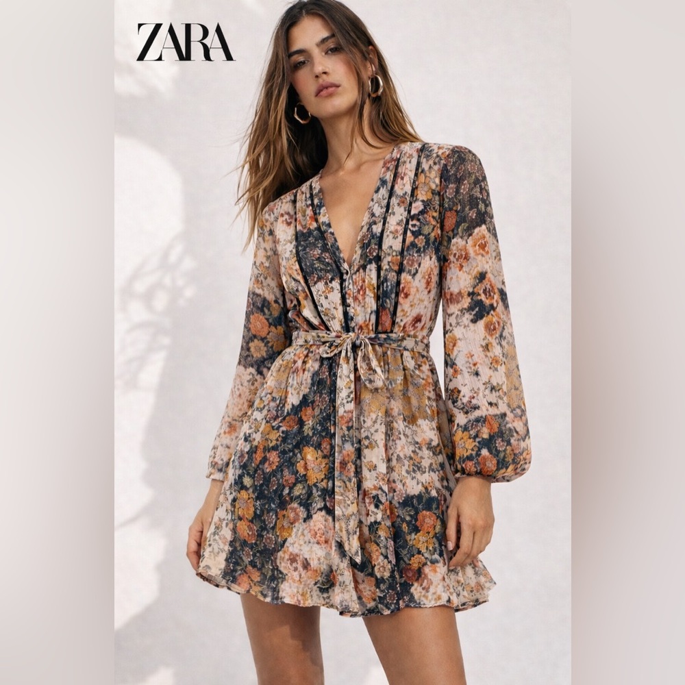 ZARA Boho Sheer Floral Patchwork Print Dress, Long Sleeve Tie-Waist Festival